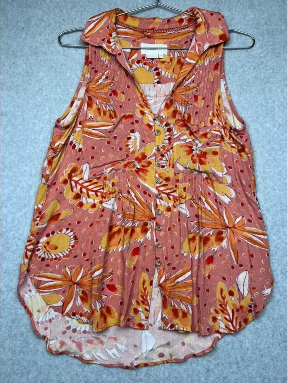 Vera for Anthropologie Floral Pleated Top M Coral Button Down Sleeveless Viscose